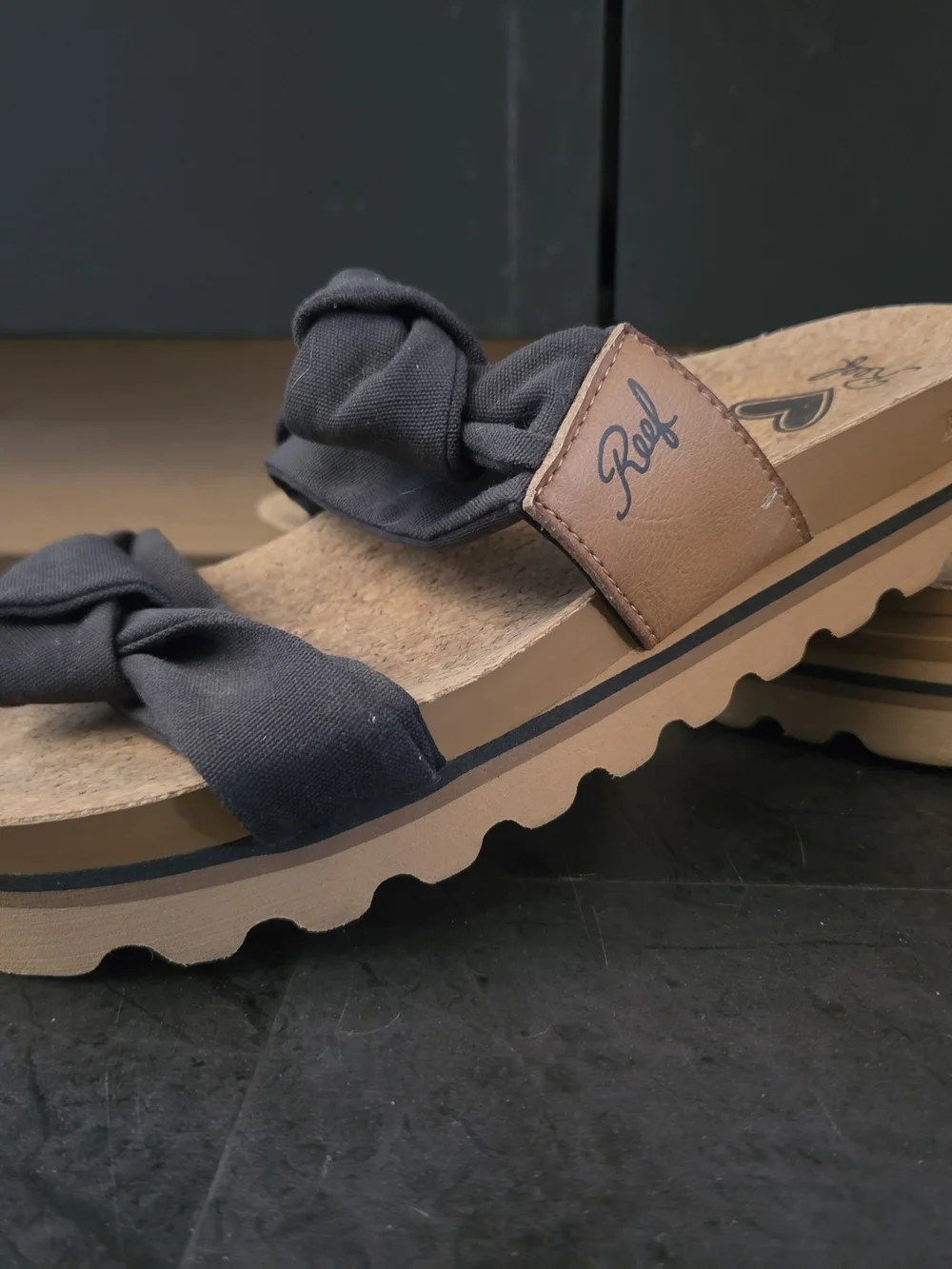 Reef Black Knot-Front Cork Slide Sandals